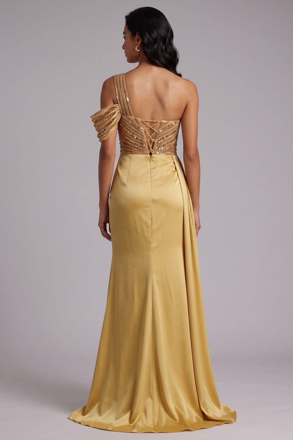 One Shoulder Beaded Mesh Draped Satin Mermaid Evening Gown