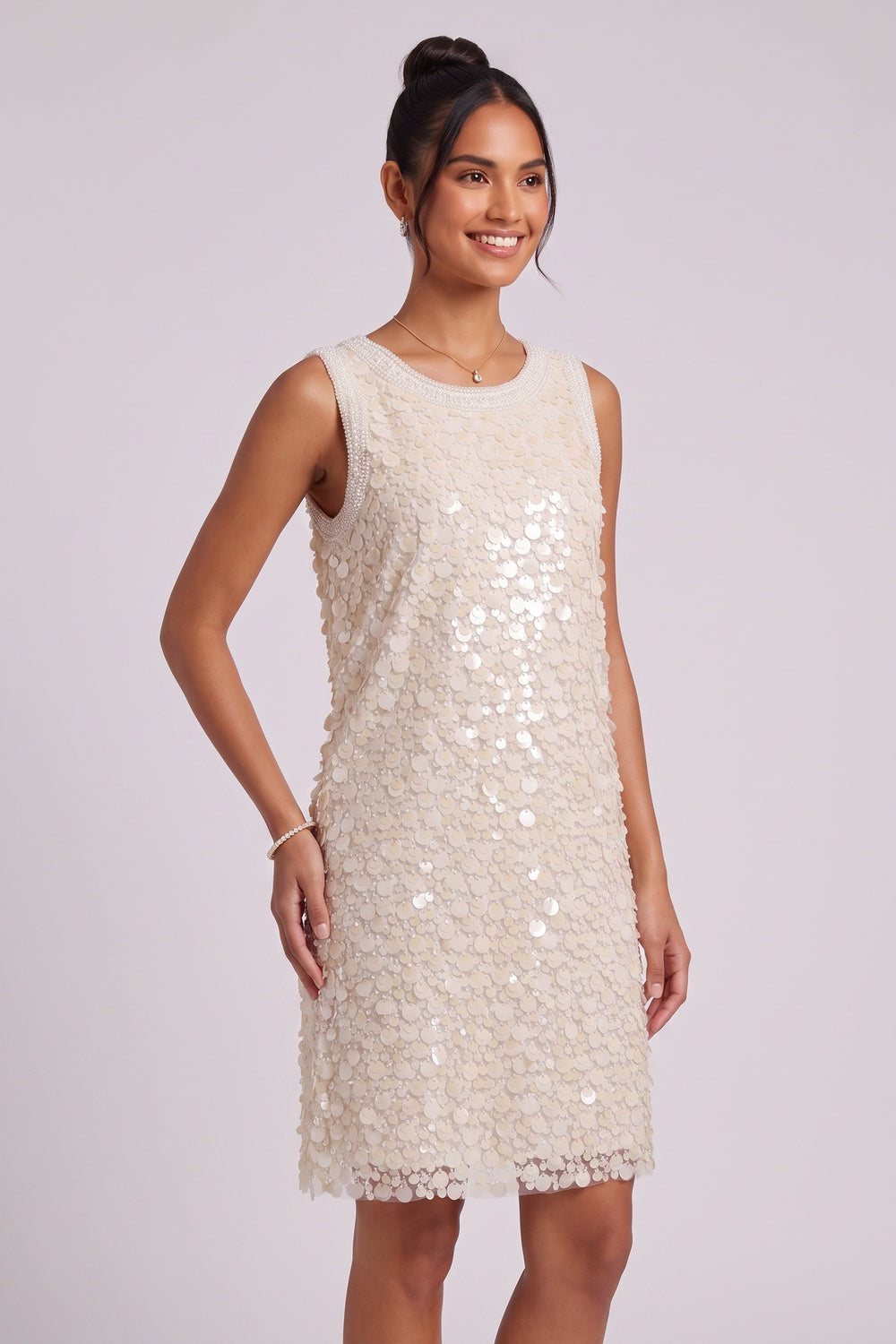 Cream Mesh Base with All-Over Sequins Shift Dress cream, ivory mesh base with all-over sequins dress - product view 4