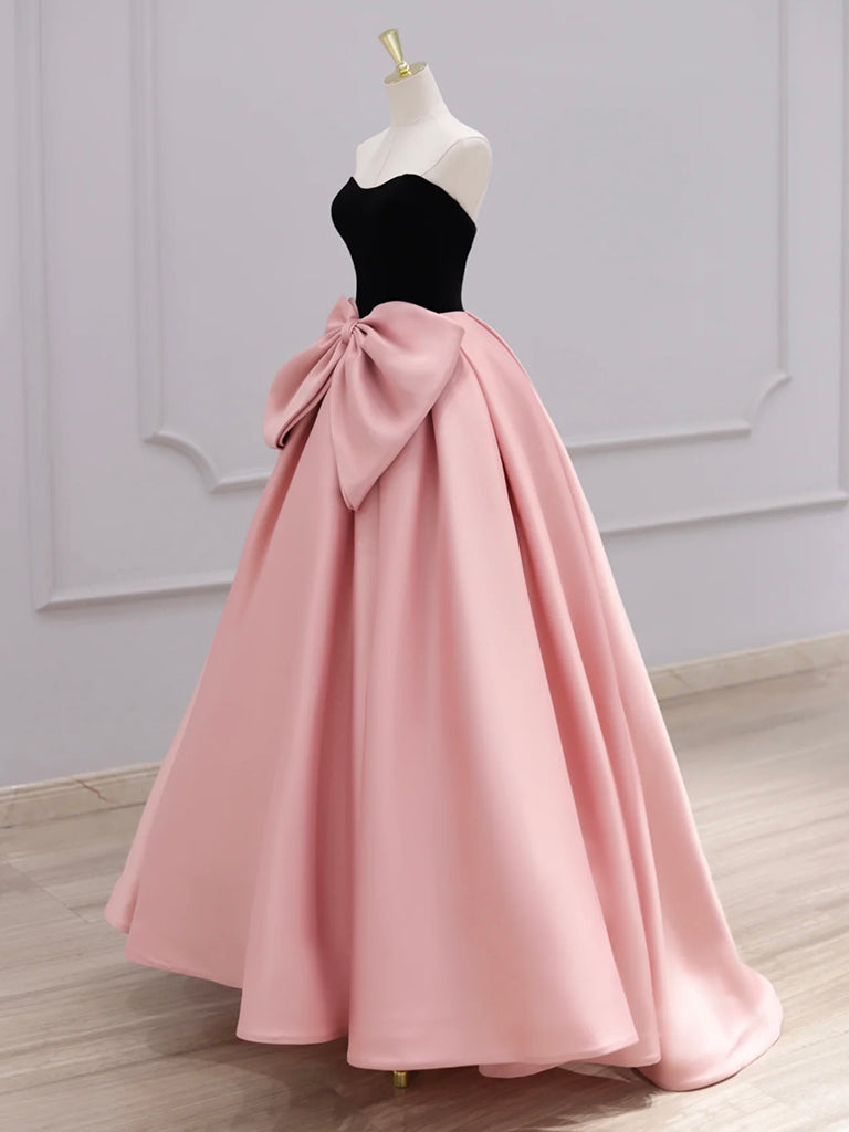 A-Line Neck Satin Velvet Pink Dress