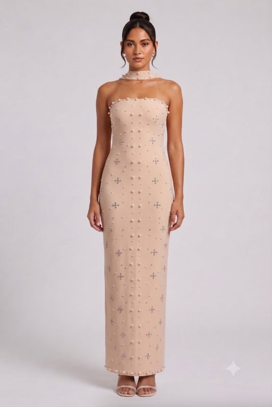 Beige Pearl Embellished Halter Maxi Dress Premium Fabric - product view 2