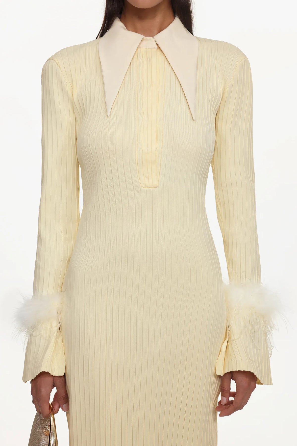 irma yellow Long Sleeve Feather Knit Maxi Dress