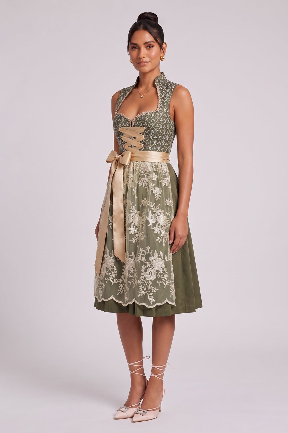 olive green jacquard bodice fit-and-flare dirndl olive green, champagne gold jacquard bodice, satin skirt dirndl - product view 2