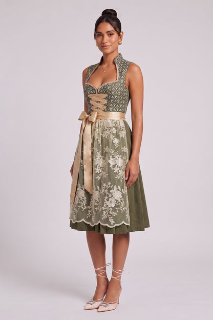 olive green jacquard bodice fit-and-flare dirndl olive green, champagne gold jacquard bodice, satin skirt dirndl - product view 2
