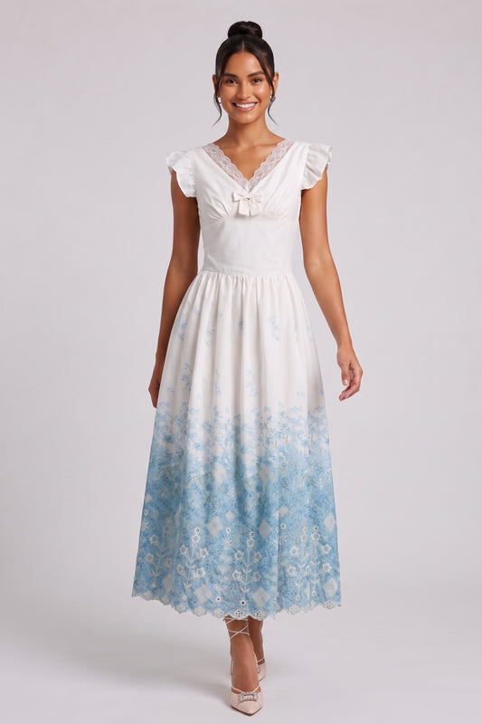 White Cotton Woven Fit-and-Flare Midi Dress with Gradient Floral and Eyelet white cotton woven dress - product view 1
