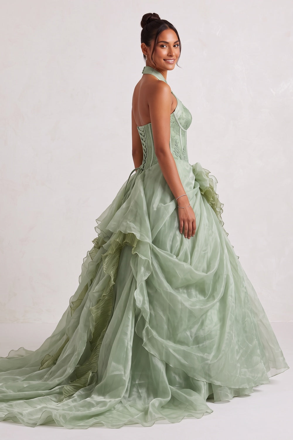 Sage Green Organza Ballgown Gown with Floral Lace and Cascading Ruffles sage green organza gown - product view 4