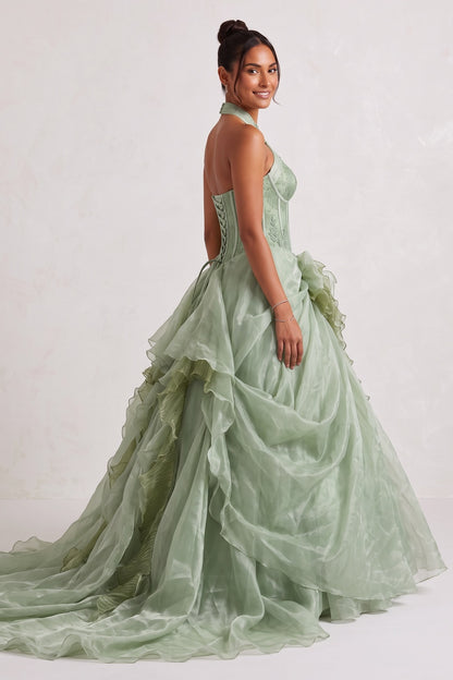 Sage Green Organza Ballgown Gown with Floral Lace and Cascading Ruffles sage green organza gown - product view 4