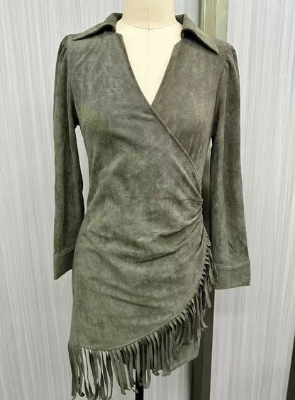 Olive Green Faux Suede V-Neck Wrap Mini Dress