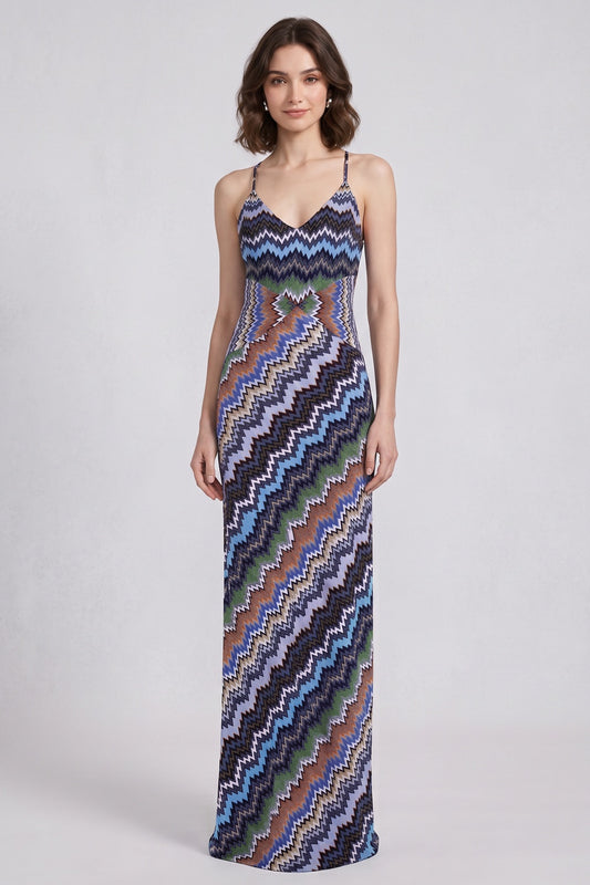 Blue Fine Knit Chevron Maxi Dress blue, purple, black, white fine knit maxi dress - product view 1