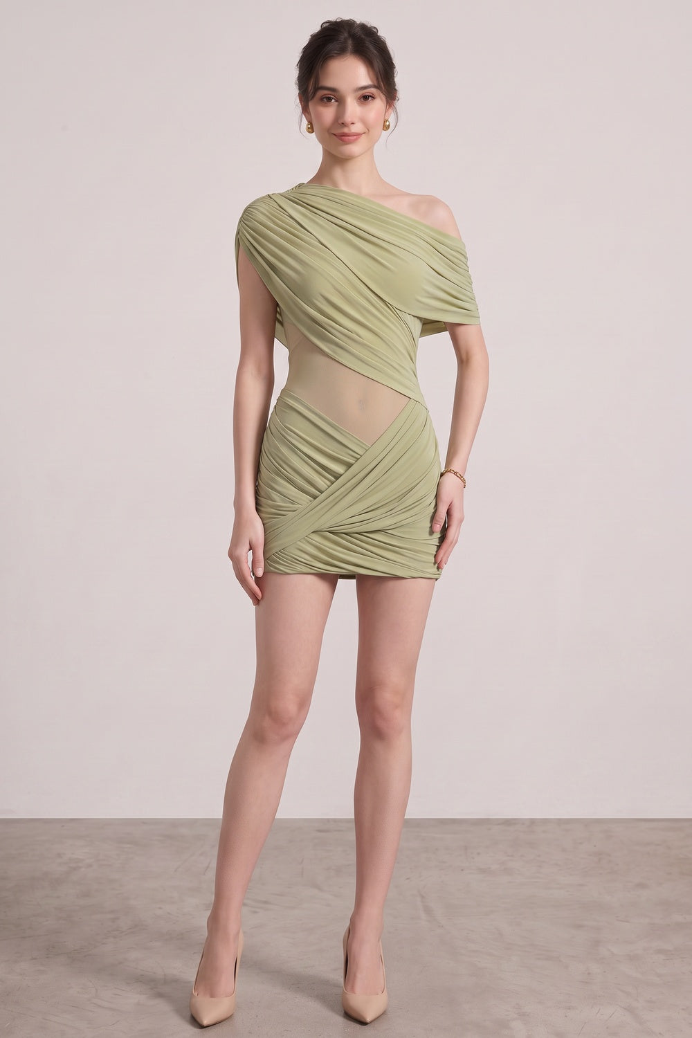 Sage Green Asymmetrical Draped Mini Dress sage green stretch jersey draped mini dress - product view 4