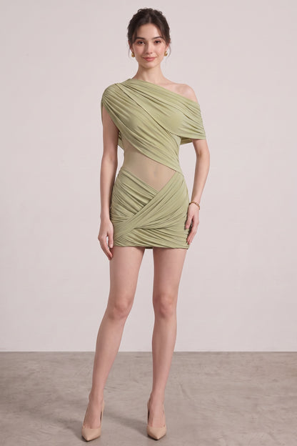 Sage Green Asymmetrical Draped Mini Dress sage green stretch jersey draped mini dress - product view 4