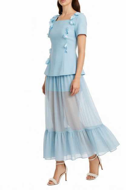 ursula blue Short Sleeves Flowers Folds Top And Skirt Two-Piece Set