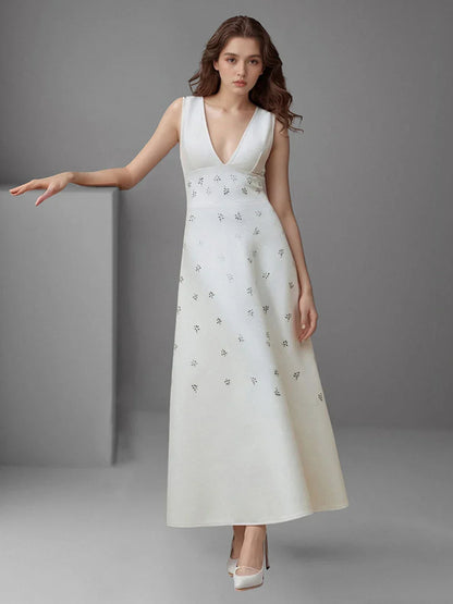 lily diamond V-neck midi dress in white