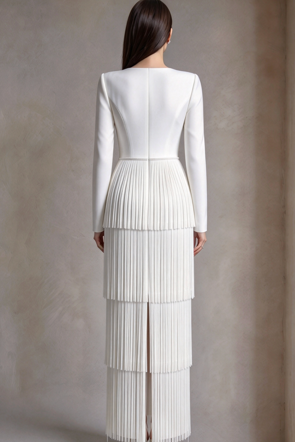 White Structured Crepe Column Gown with Tiered Fringe