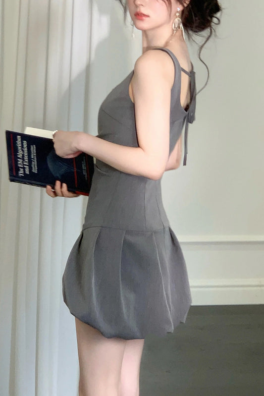 arabela square neck bud mini dress in gray