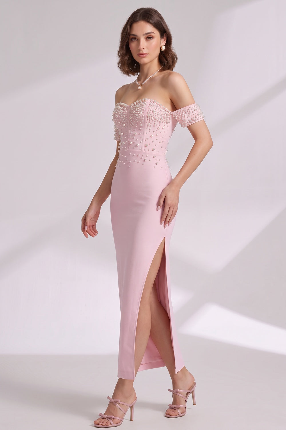 Light Pink Structured Crepe Sheath Dress with Pearl Embellishment light pink structured crepe dress - product view 2
