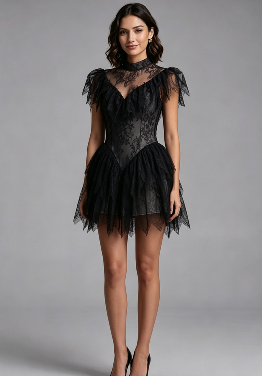 black floral lace fit-and-flare dress