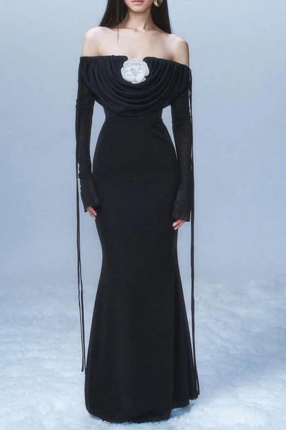 lila flower embellished pleated strapless maxi dress in black