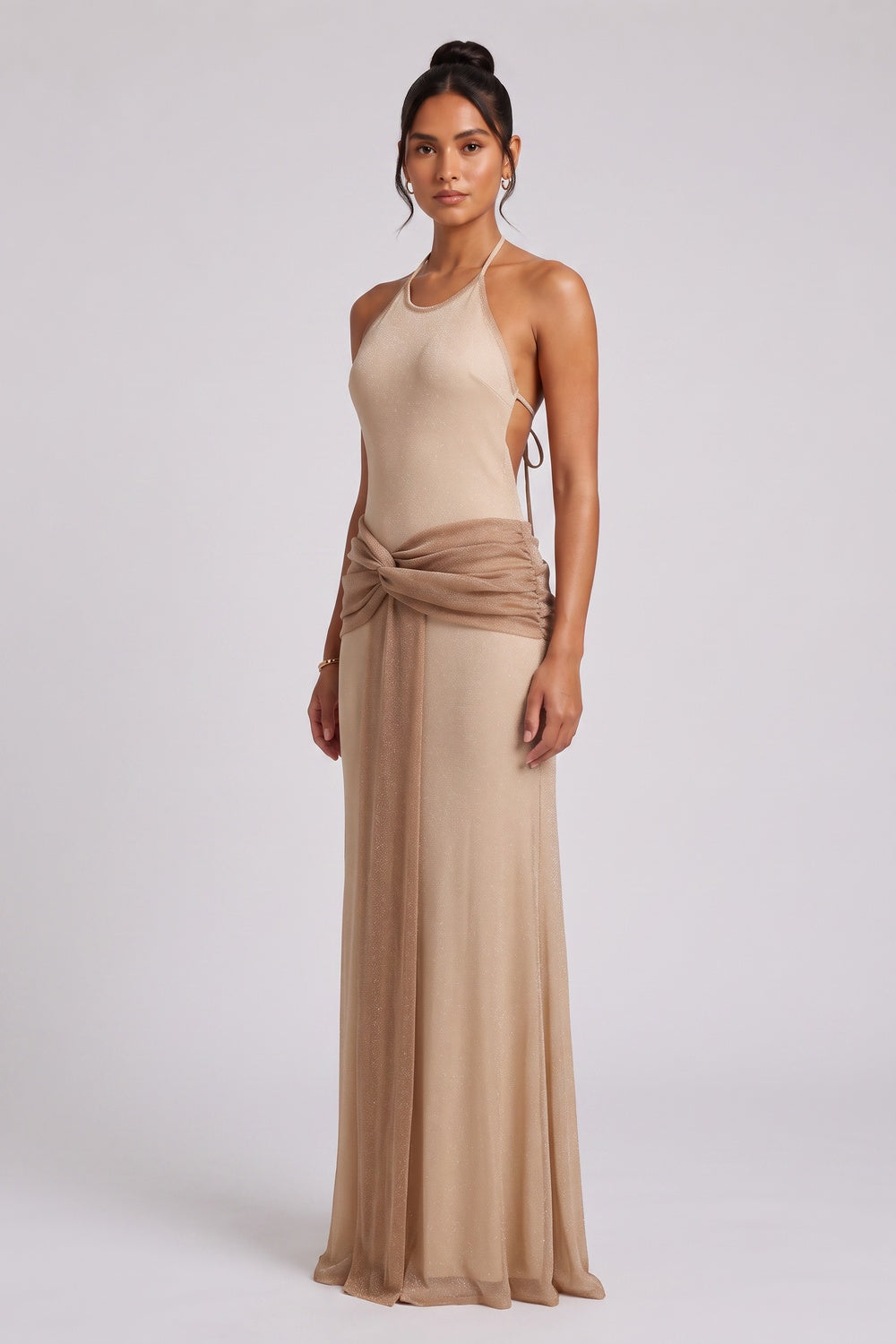 Beige Fine Stretch Knit Column Evening Gown beige, champagne fine stretch knit evening gown - product view 1