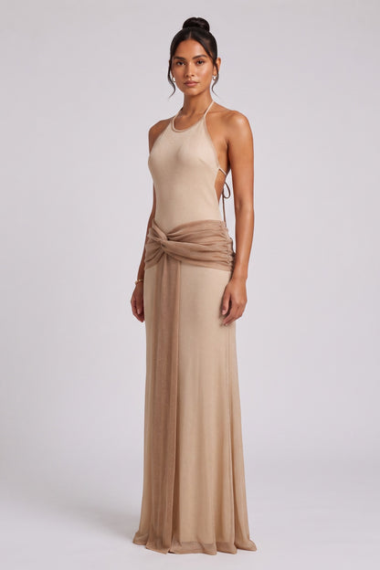 Beige Fine Stretch Knit Column Evening Gown beige, champagne fine stretch knit evening gown - product view 1