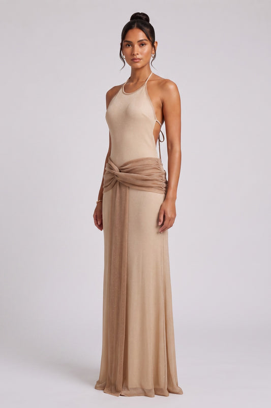 Beige Fine Stretch Knit Column Evening Gown beige, champagne fine stretch knit evening gown - product view 1