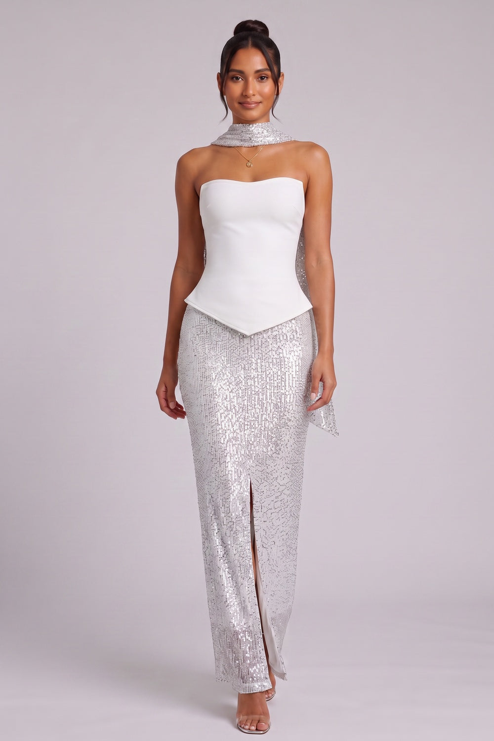 White Strapless Sequin Gown with Silver Scarf Detail Premium Fabric - product view 5