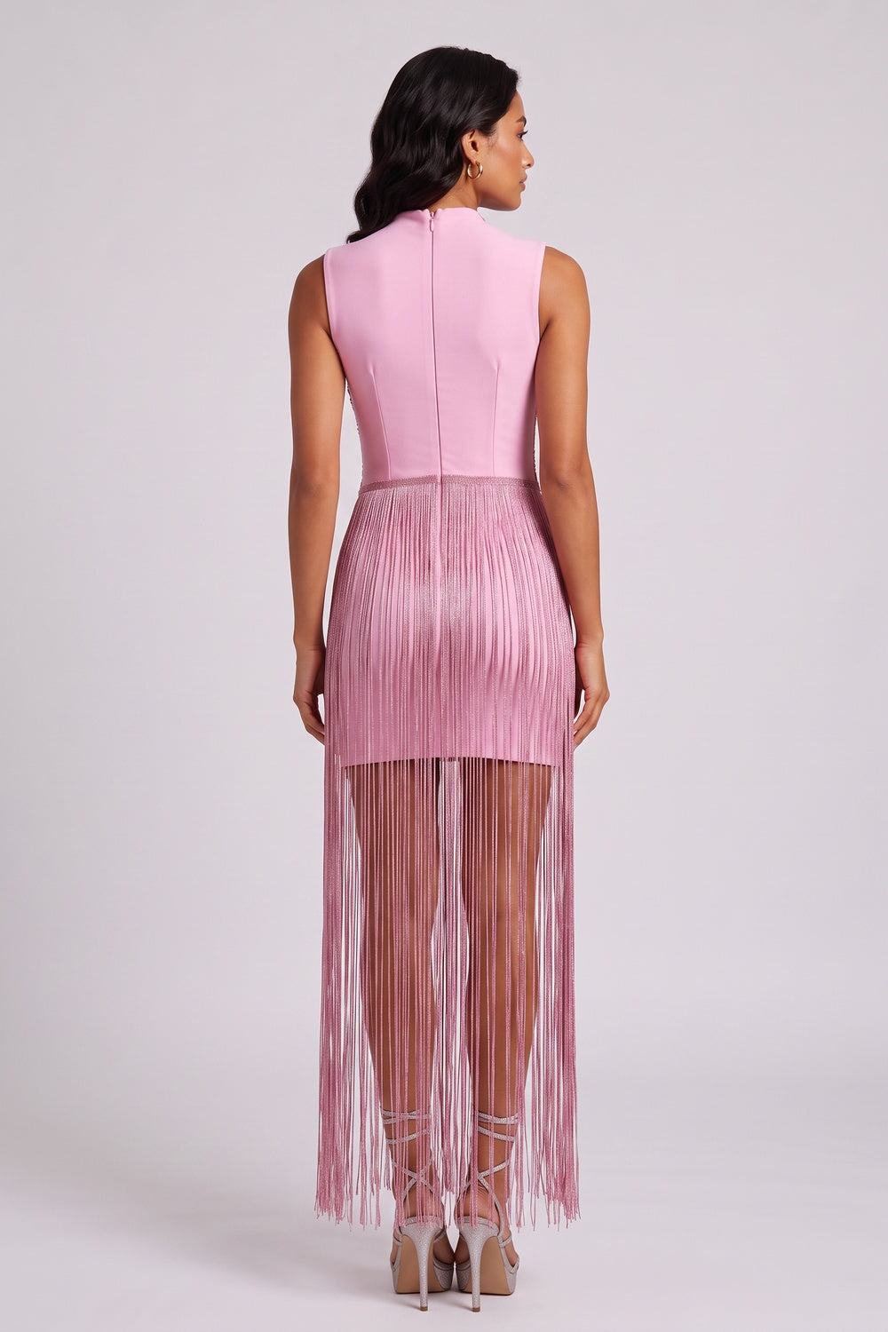 Metallic Twist High Neck Fringe Midi Dress