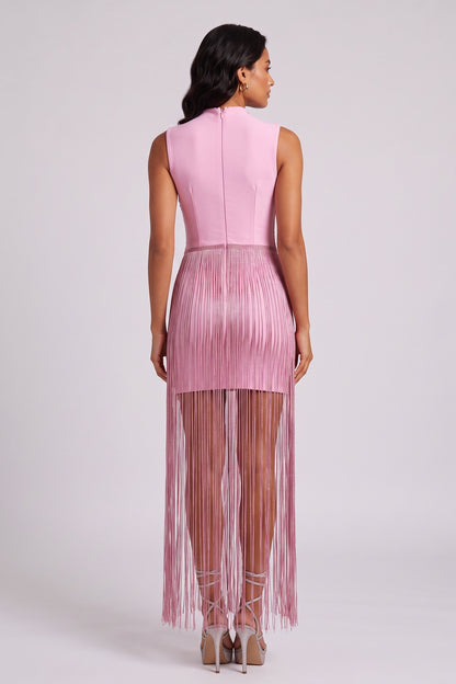 Metallic Twist High Neck Fringe Midi Dress