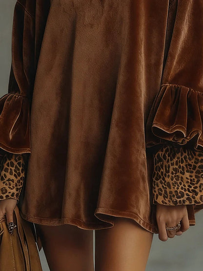 Velvet Leopard Cuff Flounce Sleeve Mini Dress