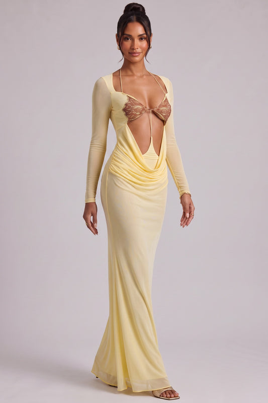 Pale Yellow Long Sleeve Maxi Dress with Cutout Detail Premium Fabric - product view 4
