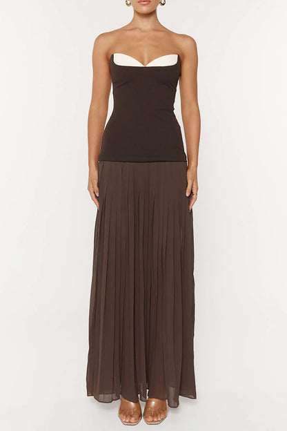 nelly pleated detail strapless maxi dress in brown