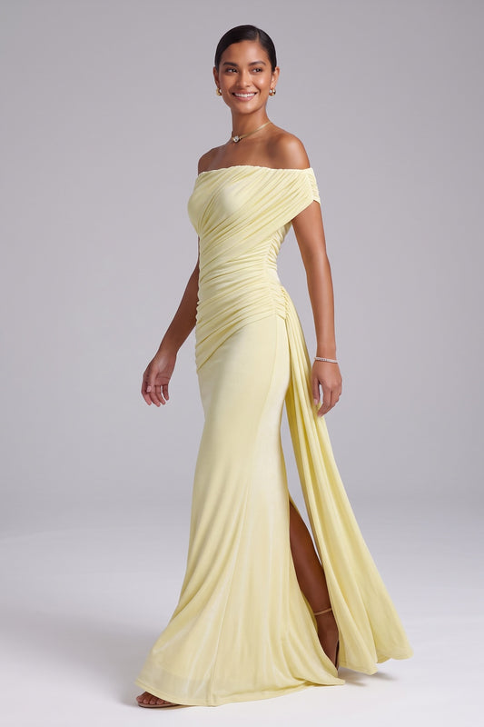 pale yellow stretch jersey column gown pale yellow stretch jersey gown - product view 3
