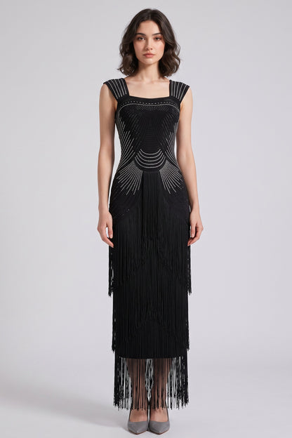 Black Art Deco Beaded Sheath Dress with Tiered Fringe black stretch knit dress - product view 1