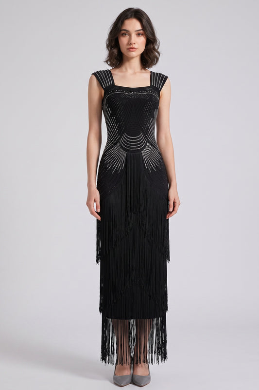 Black Art Deco Beaded Sheath Dress with Tiered Fringe black stretch knit dress - product view 1