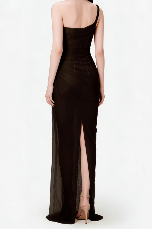 Lace Corset One Shoulder Midi Dress - Black