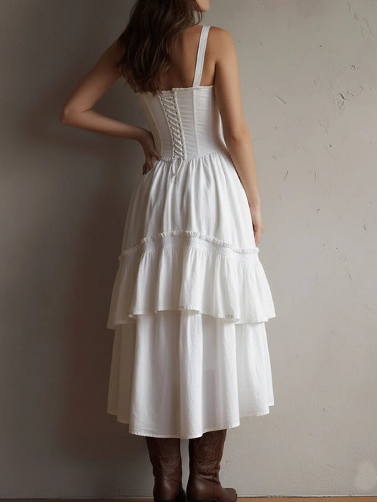 Corset-Style Lace Trim Tiered Midi Dress