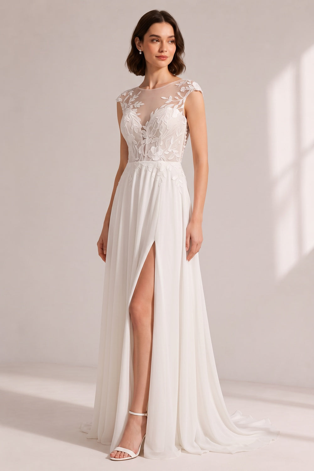 Illusion Cap Sleeve Floral Lace High Slit Chiffon Wedding Gown