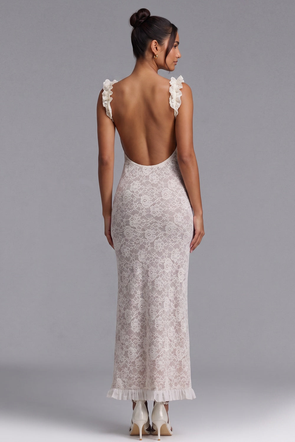 White Lace Maxi Dress with Ruffled Square Neckline Premium Fabric - product view 5