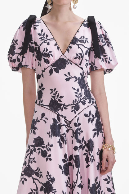 v-neck Satin Floral Midi Dress in pink
