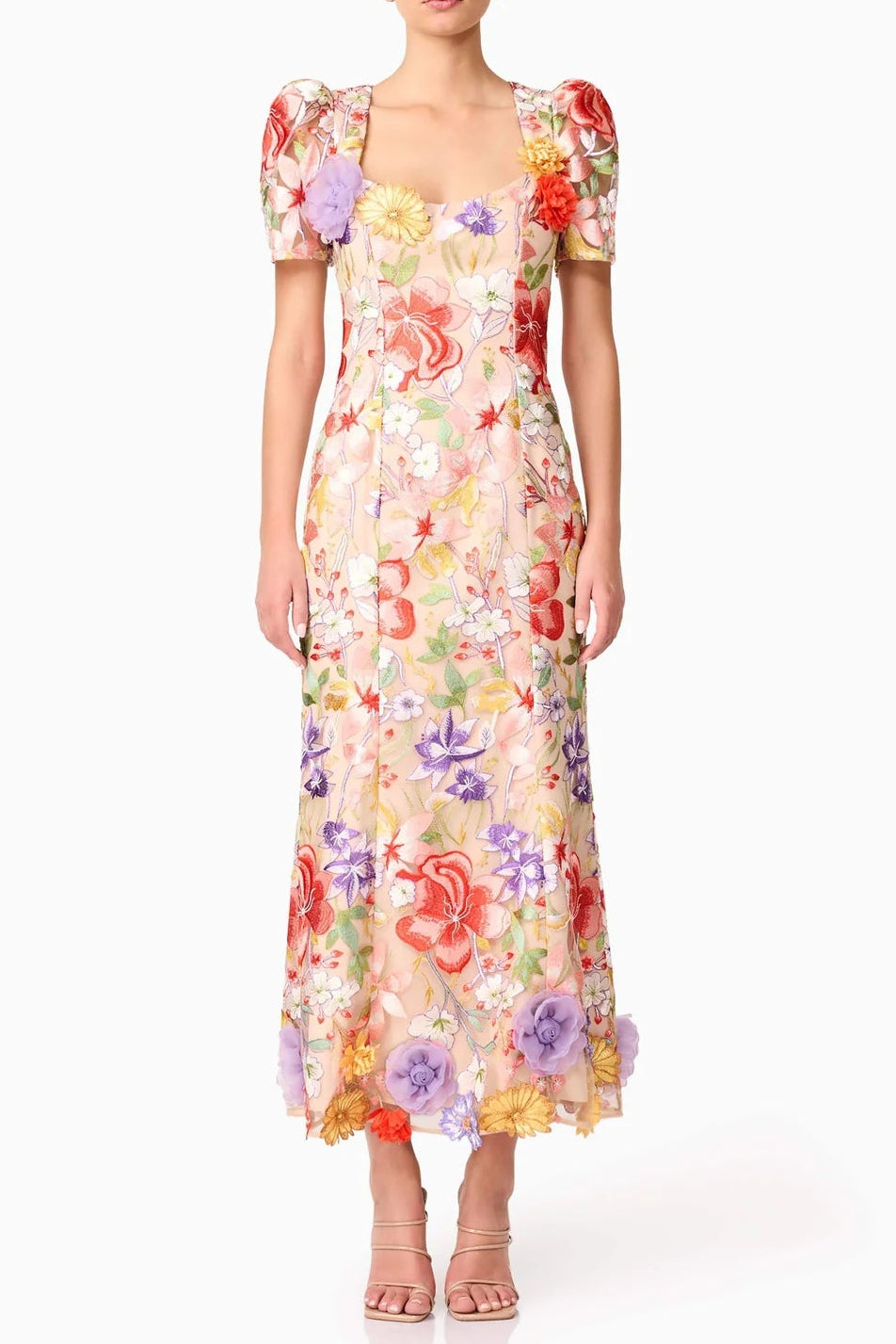 trista multicolor Square Neck backless Mesh Embroidered Fishtail maxi Dress