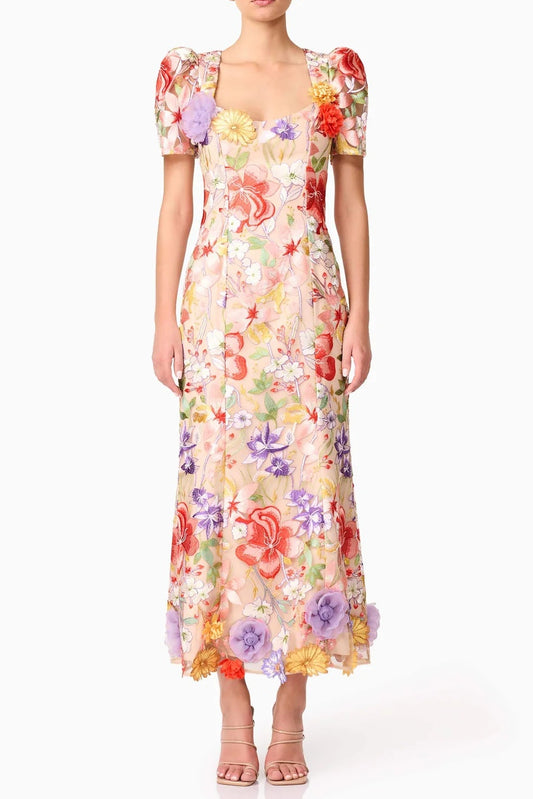 trista multicolor Square Neck backless Mesh Embroidered Fishtail maxi Dress