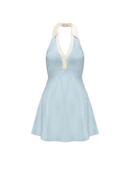 halter backless  knit mini dress in blue