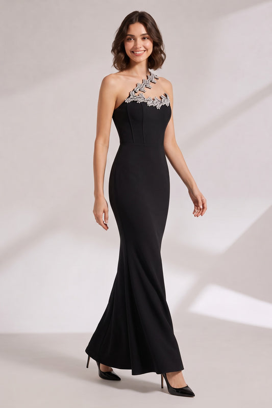 black heavy crepe mermaid evening gown black heavy crepe evening gown - product view 1