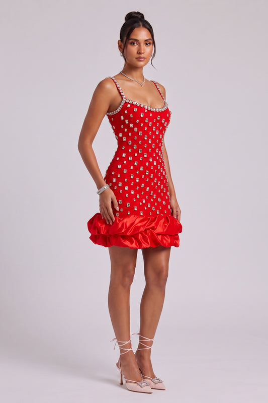 Red Structured Crepe Fitted Bodycon Dress with Bubble Hem red structured crepe dress - product view 2
