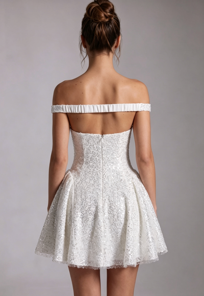 White Sequined Mesh Fit-and-Flare Mini Dress with Matching Neck Scarf