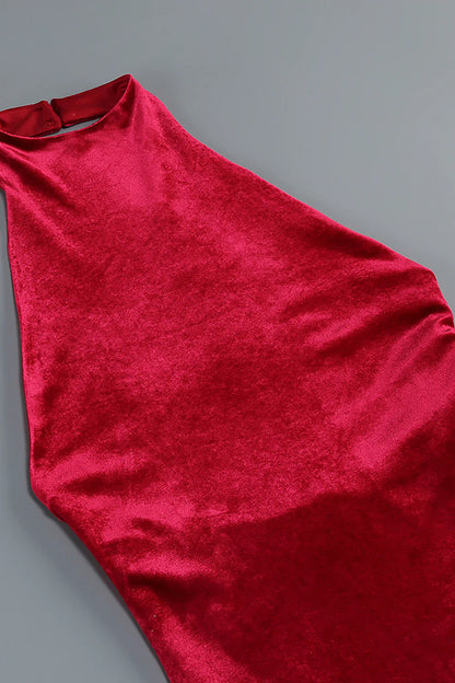 michaelia halterneck Fringe Velvet Dress in Burgundy