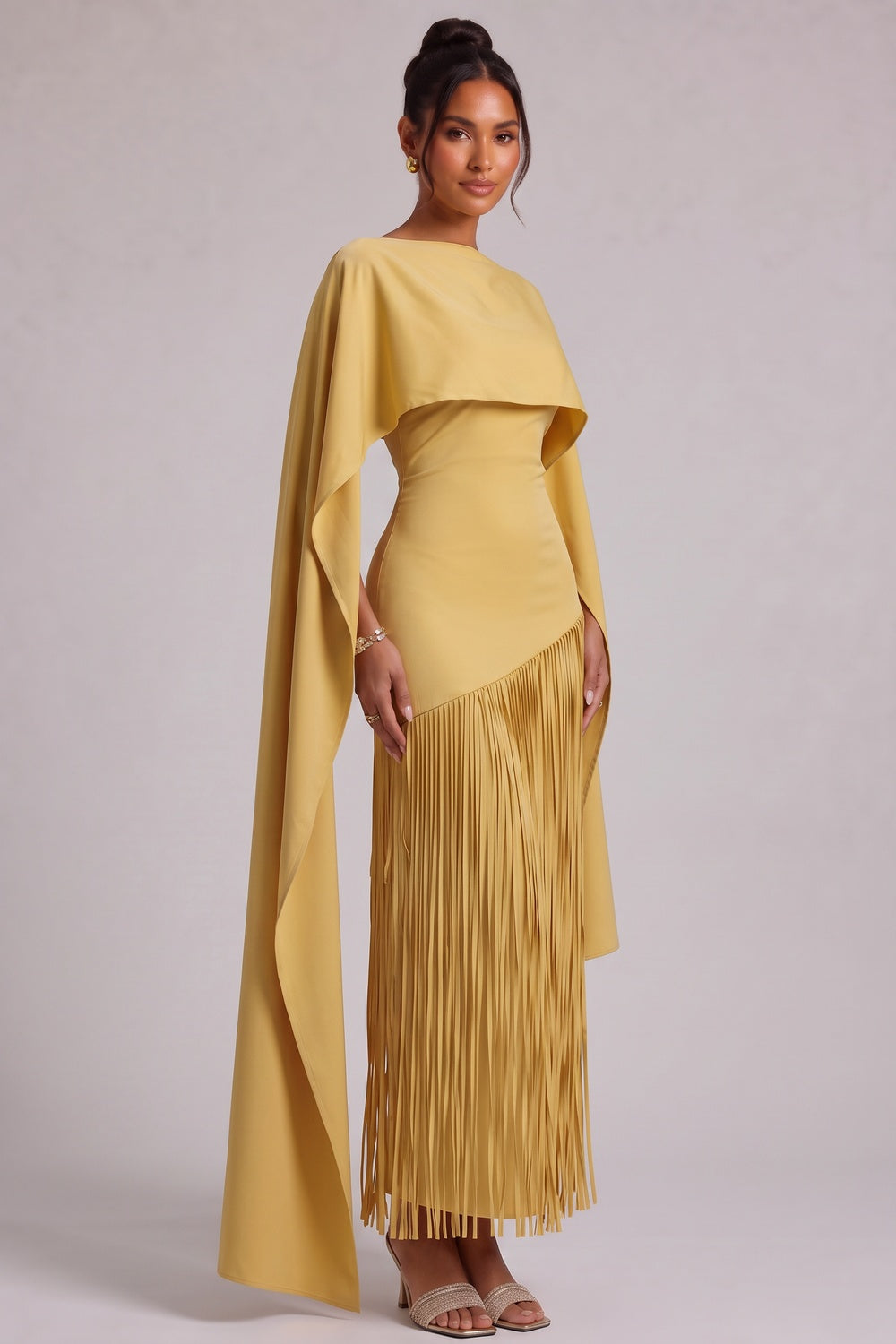 Yellow Fringe Maxi Dress with Cape Detail Premium Fabric - product view 5