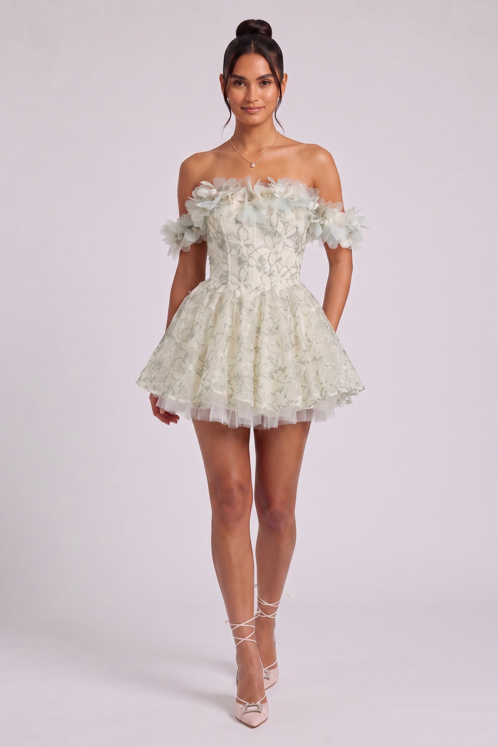 Pale Sage Green Organza Fit-and-Flare Mini Dress with Floral Embroidery pale sage green, cream organza dress - product view 4