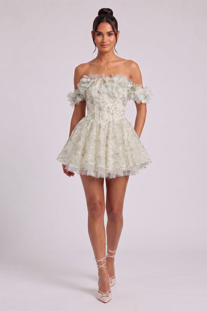 Pale Sage Green Organza Fit-and-Flare Mini Dress with Floral Embroidery pale sage green, cream organza dress - product view 4
