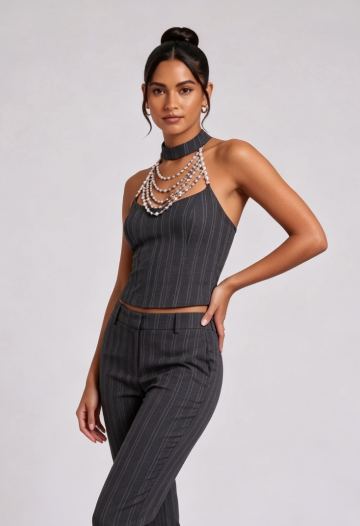 Dark Grey Pinstripe Corset-Style Halter Top