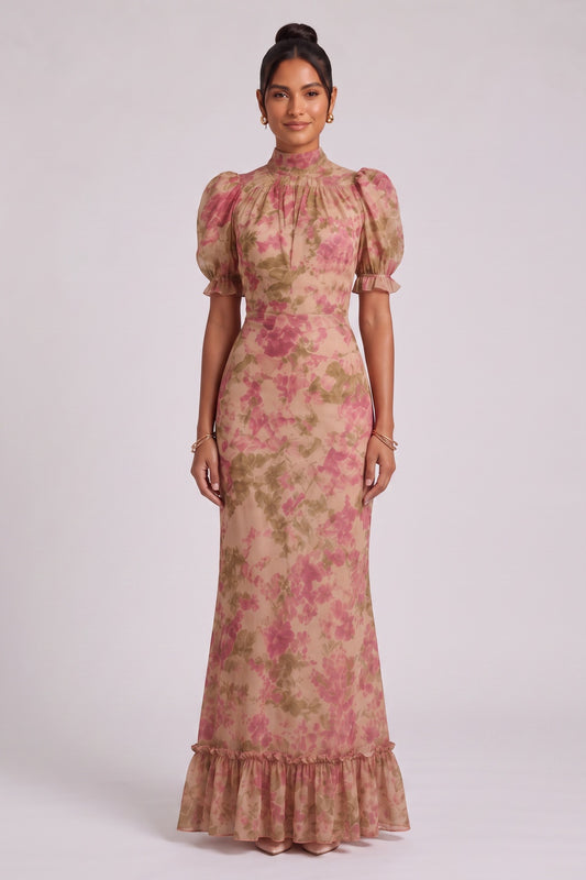 Beige Chiffon Mermaid Dress with Floral Print and Puff Sleeves beige chiffon dress - product view 3